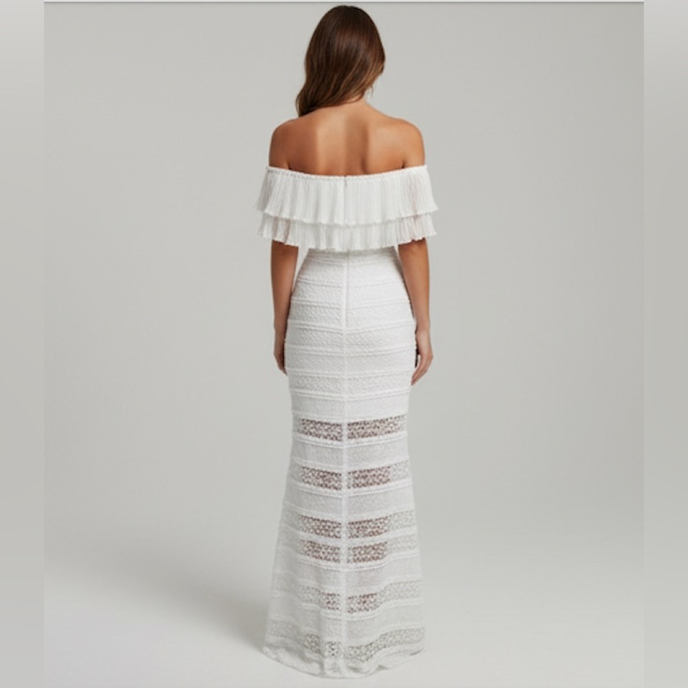 Knitted Lace Off Shoulder Form-Fitting Fish Tail Dress White - Picture 4 of 6